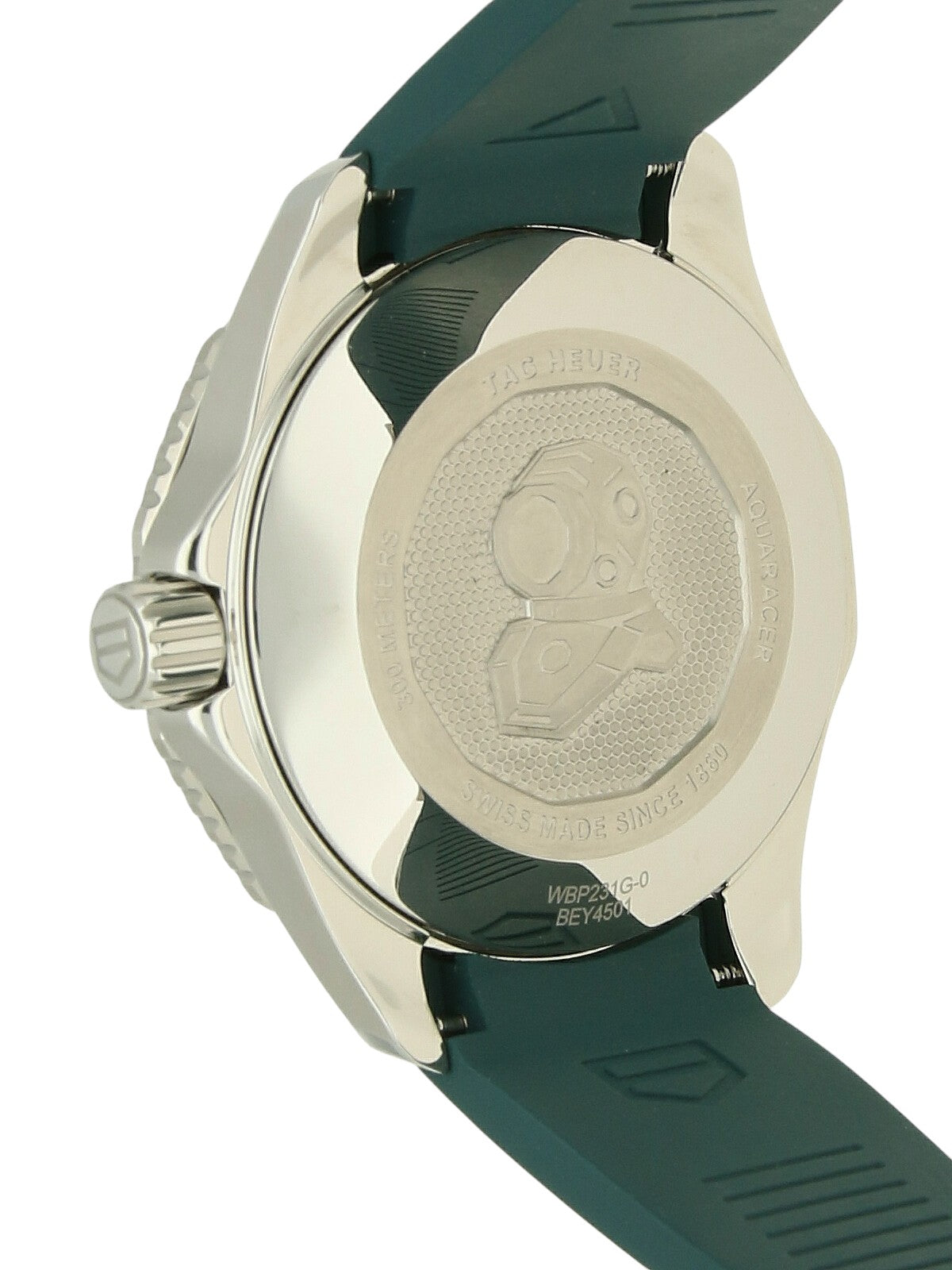 TAG Heuer Aquaracer watch with a green rubber strap and steel case on a white background.