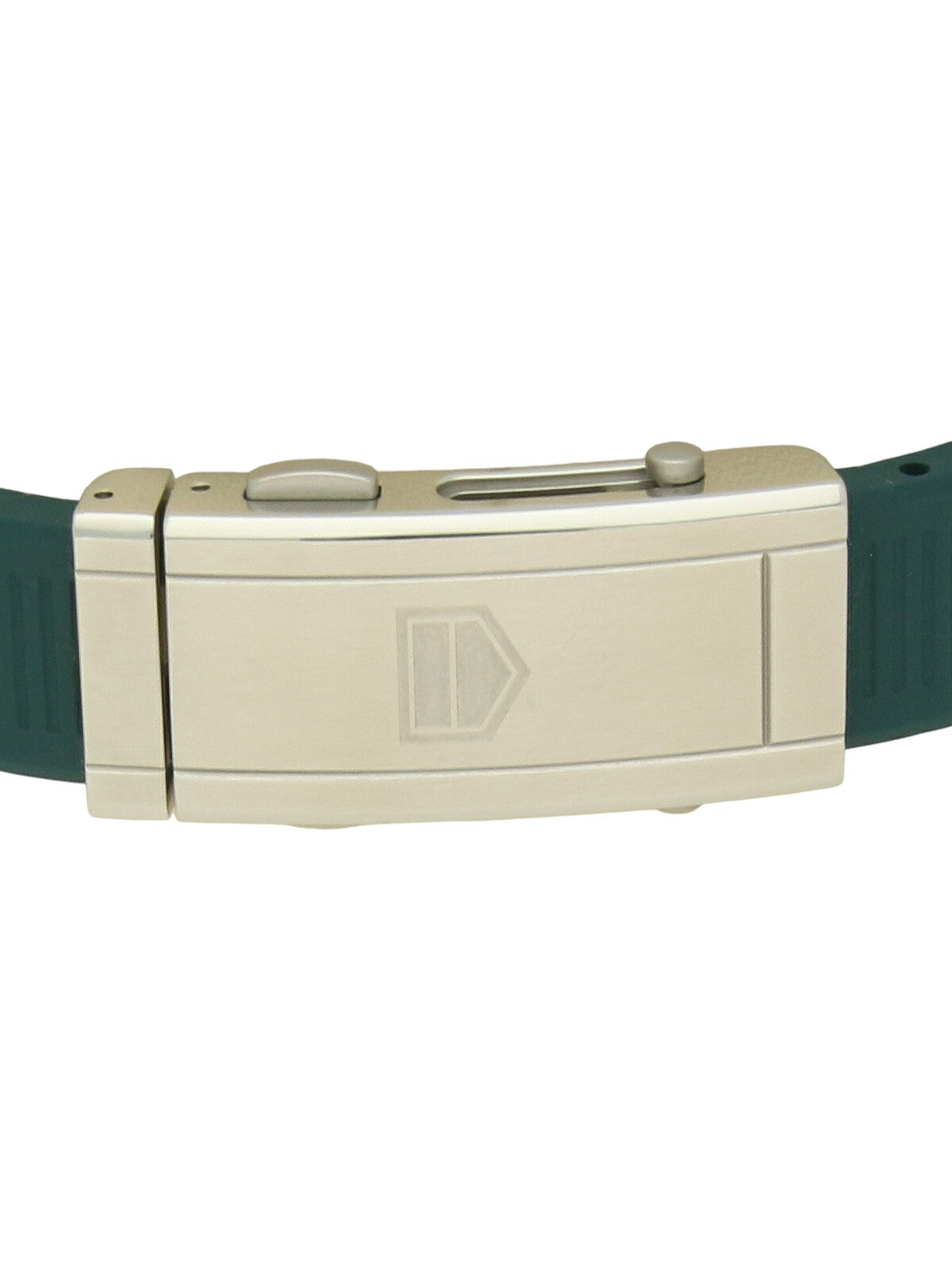 Steel clasp of a TAG Heuer watch with green rubber strap on a white background.
