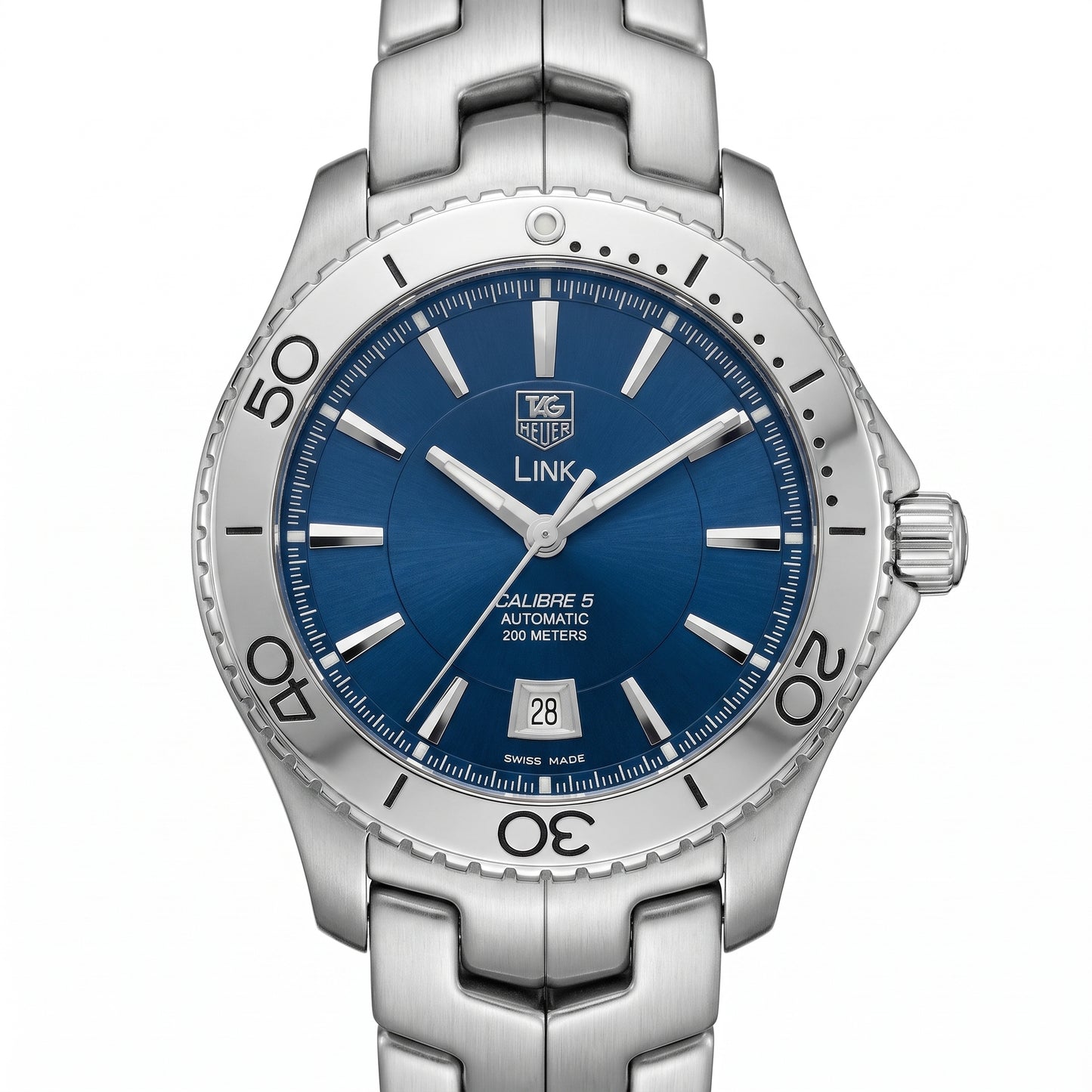 TAG Heuer Link with 42mm steel case, steel bracelet and blue dial on a white background.