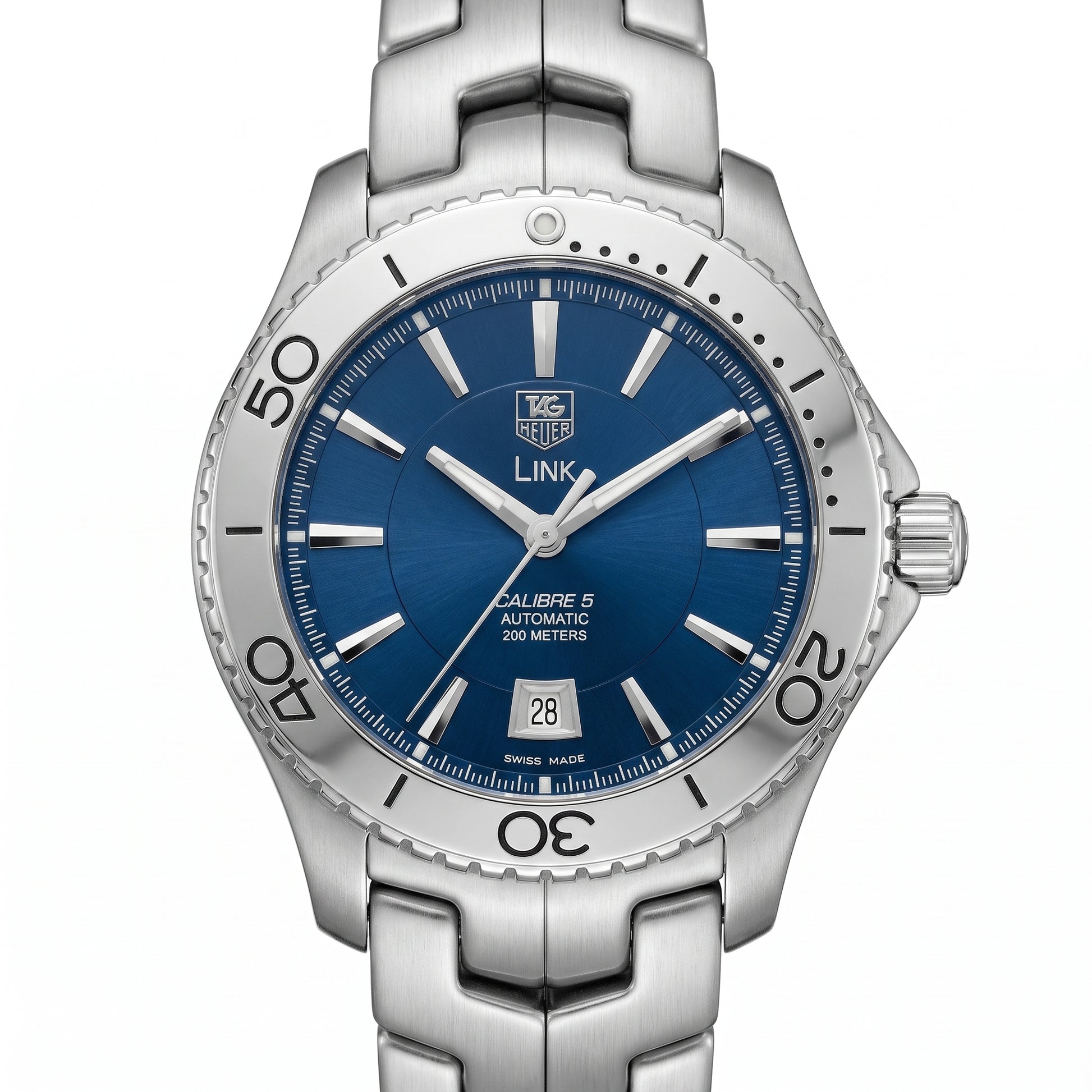 TAG Heuer Link with 42mm steel case, steel bracelet and blue dial on a white background.