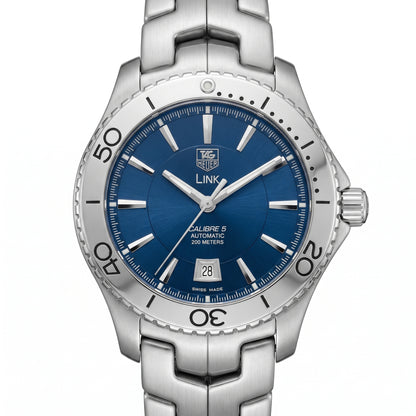 TAG Heuer Link with 42mm steel case, steel bracelet and blue dial on a white background.