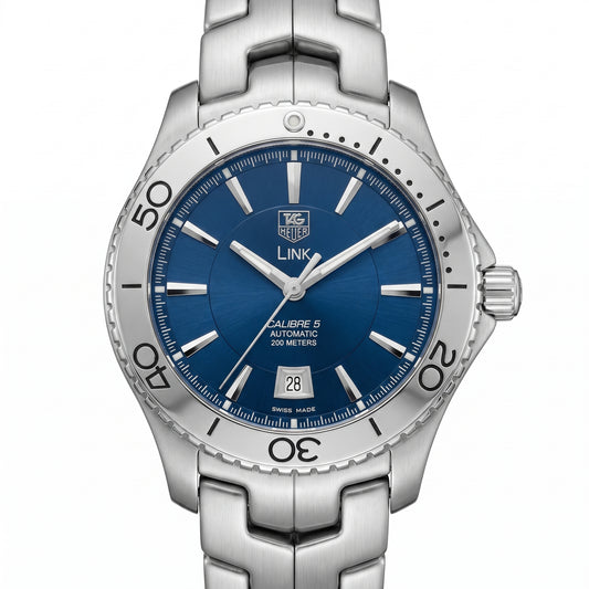 TAG Heuer Link with 42mm steel case, steel bracelet and blue dial on a white background.
