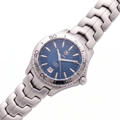 TAG Heuer Link with 42mm steel case, steel bracelet and blue dial on a white background.