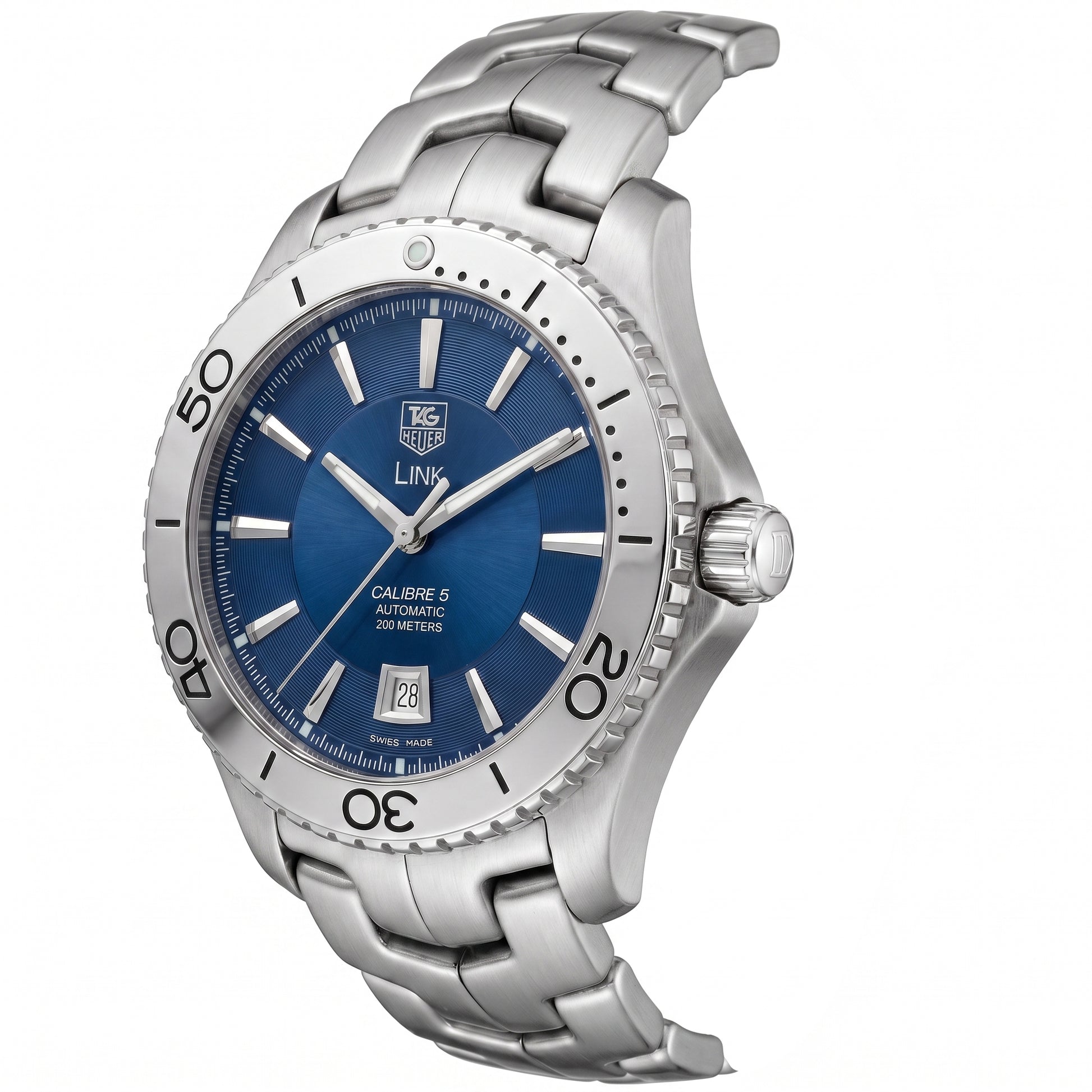 TAG Heuer Link with 42mm steel case, steel bracelet and blue dial on a white background.