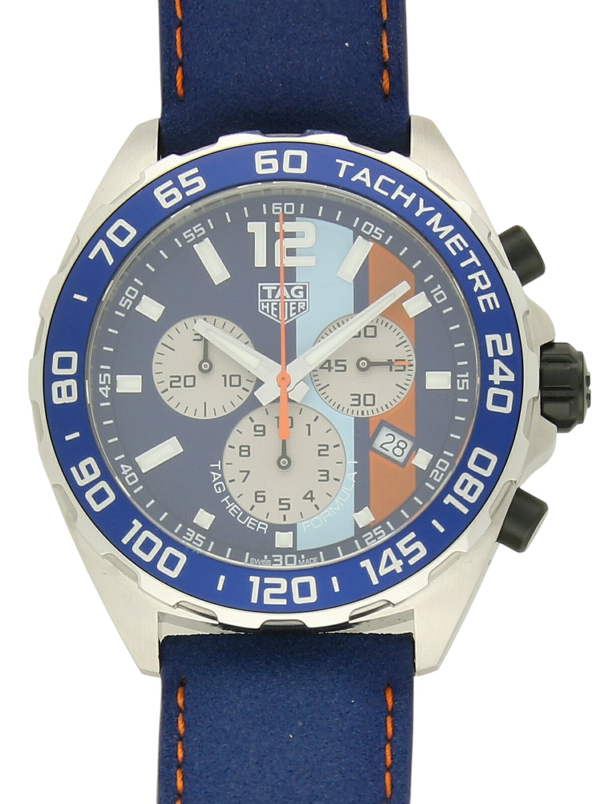 TAG Heuer Formula 1 Special Edition 'Gulf' with blue leather strap and blue dial on a white background.