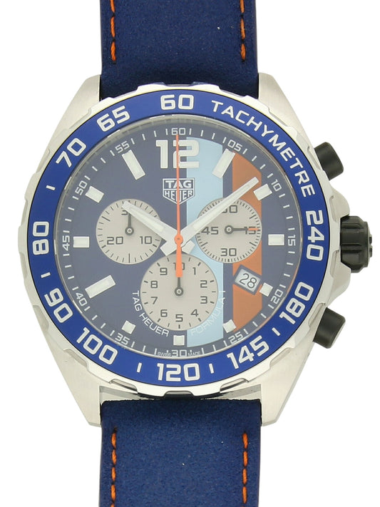 TAG Heuer Formula 1 Special Edition 'Gulf' with blue leather strap and blue dial on a white background.