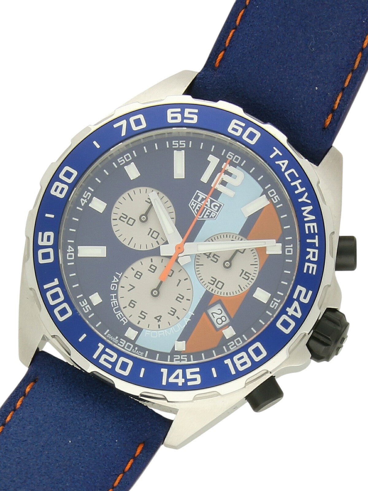 TAG Heuer Formula 1 Special Edition 'Gulf' with blue leather strap and blue dial on a white background.