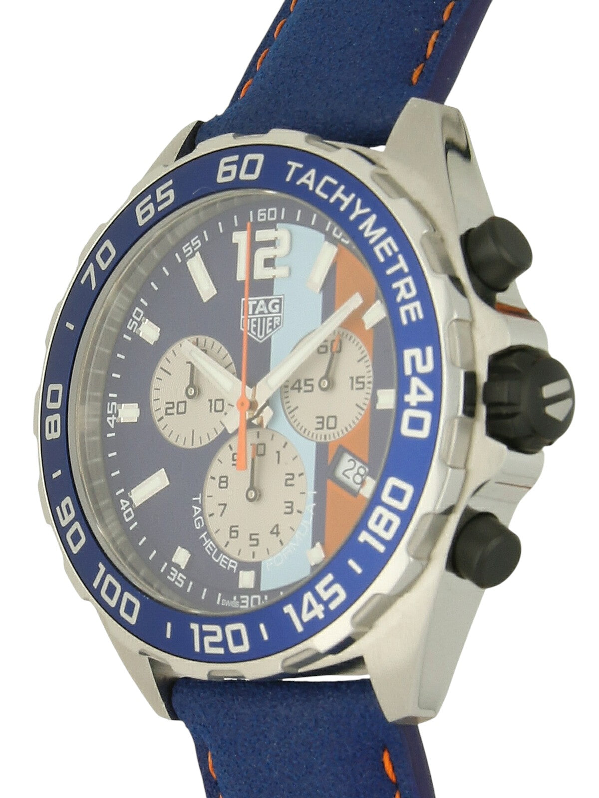 TAG Heuer Formula 1 Special Edition 'Gulf' with blue leather strap and blue dial on a white background.