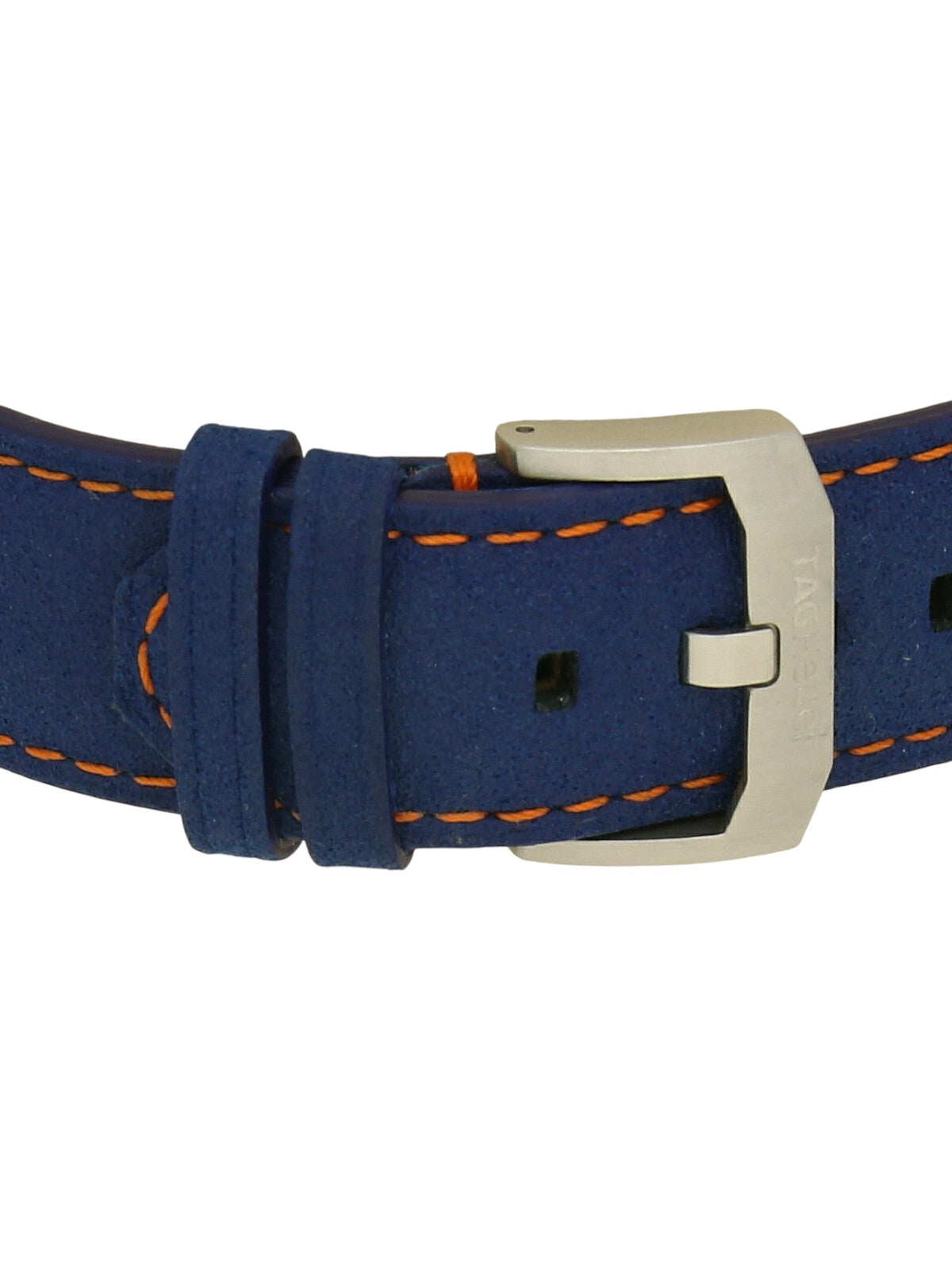 Blue leather strap with orange stitching and steel TAG Heuer clasp on a white background.