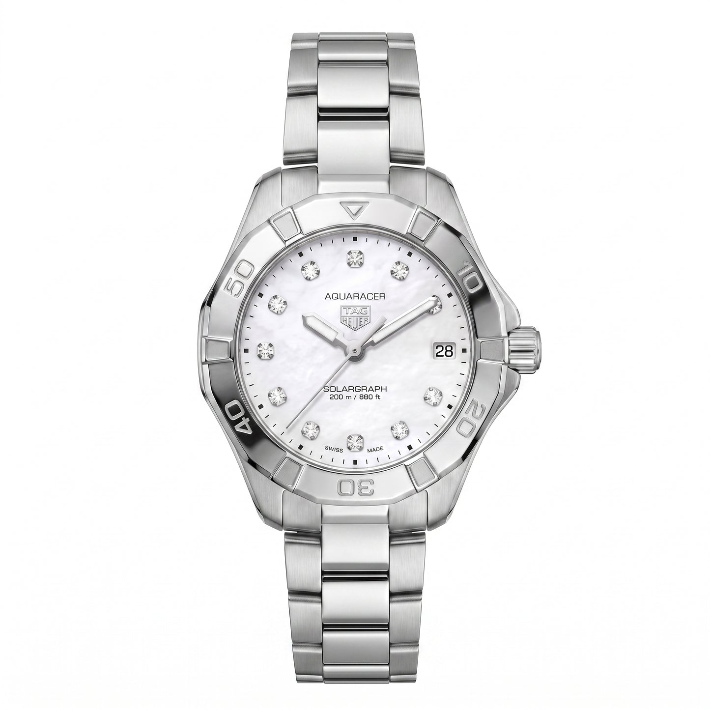 TAG Heuer Aquaracer with 34mm case, steel bracelet and white mother of pearl, diamond-set dial on a white background.