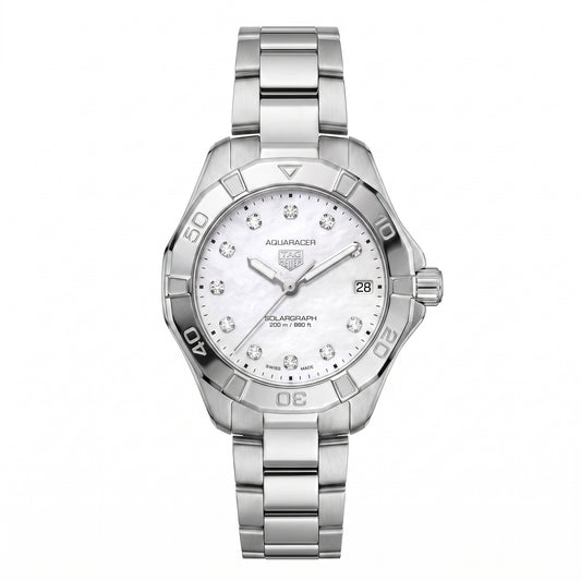 TAG Heuer Aquaracer with 34mm case, steel bracelet and white mother of pearl, diamond-set dial on a white background.