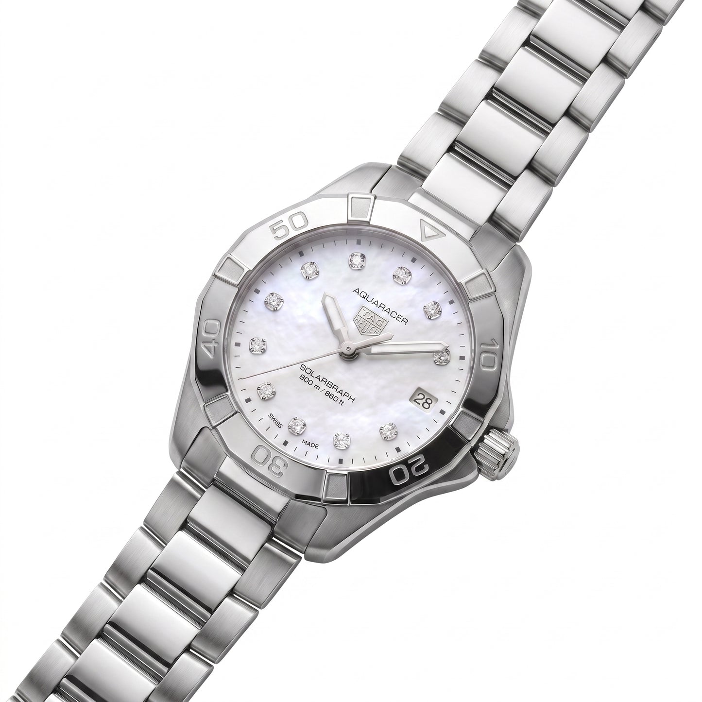 TAG Heuer Aquaracer with 34mm case, steel bracelet and white mother of pearl, diamond-set dial on a white background.