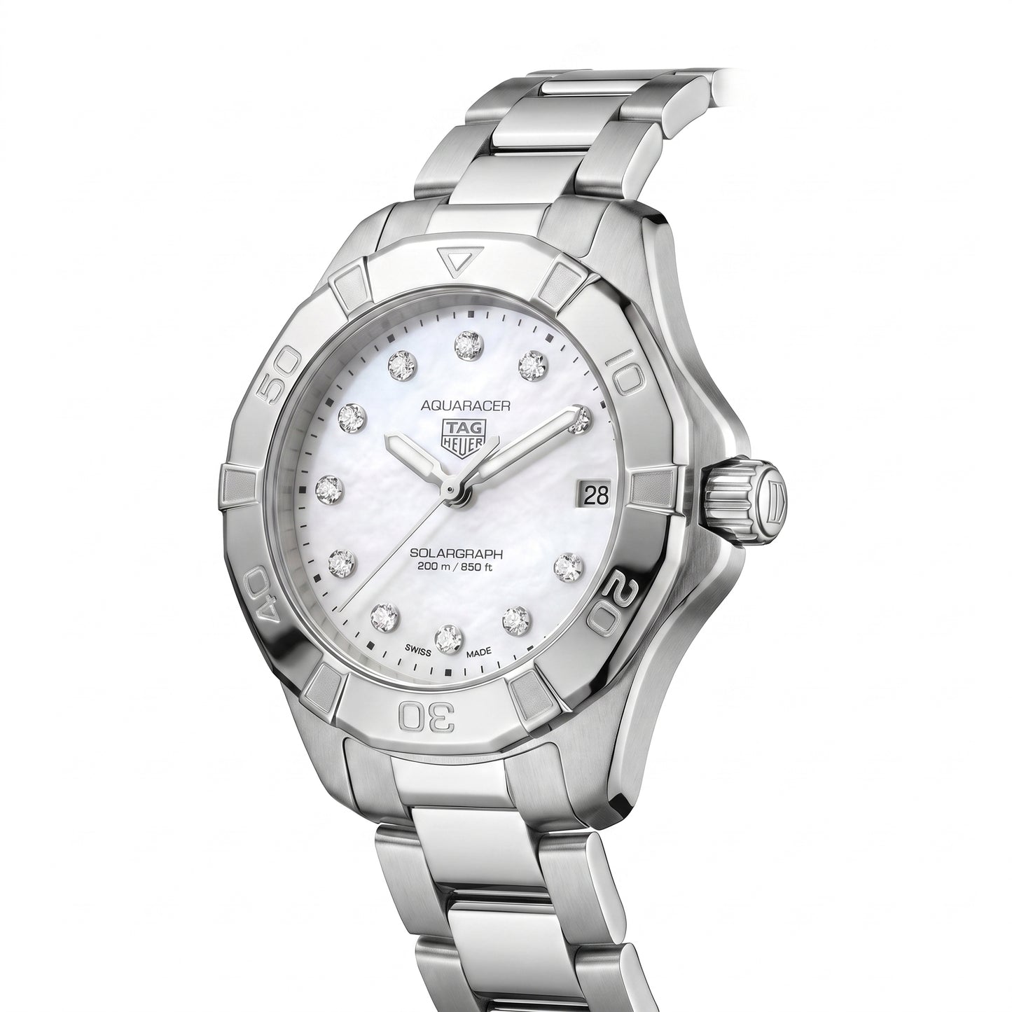 TAG Heuer Aquaracer with 34mm case, steel bracelet and white mother of pearl, diamond-set dial on a white background.