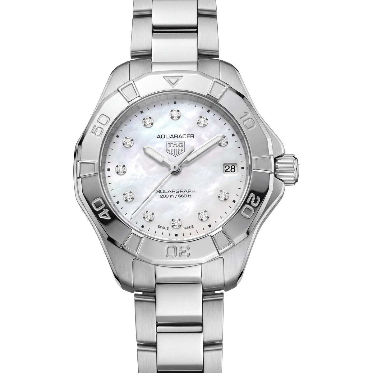 Pre-Owned TAG Heuer Aquaracer 34mm with Steel Bracelet & White Mother of Pearl, Diamond-set Dial