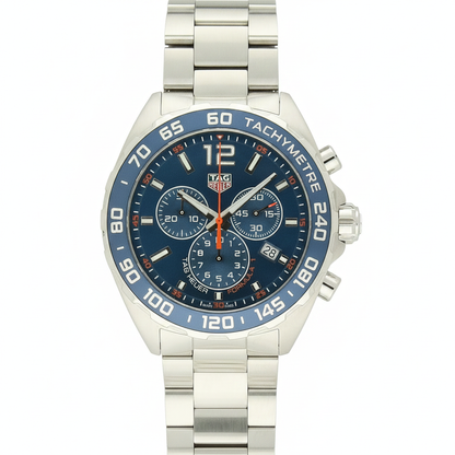 TAG Heuer Formula 1 Chronograph with steel bracelet and blue dial on a white background.