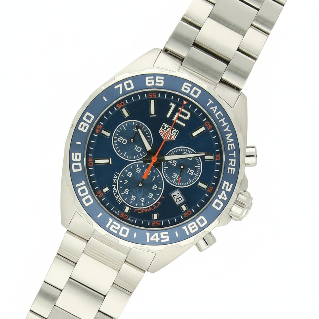 TAG Heuer Formula 1 Chronograph with steel bracelet and blue dial on a white background.