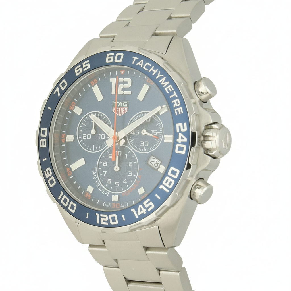 TAG Heuer Formula 1 Chronograph with steel bracelet and blue dial on a white background.
