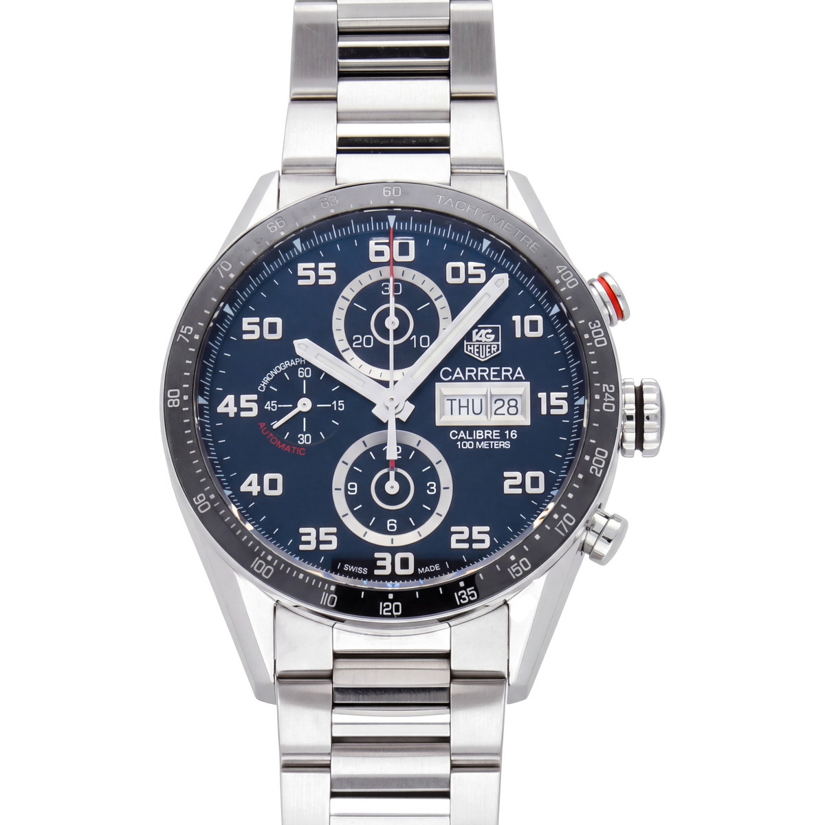 TAG Heuer Carrera Chronograph with 44mm case, steel bracelet and black dial on a white background.