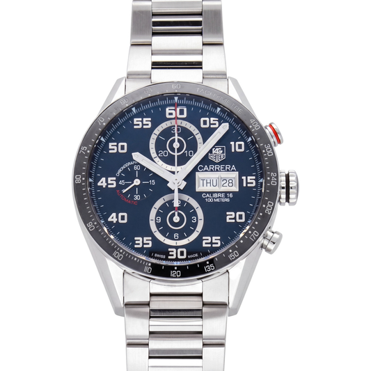 TAG Heuer Carrera Chronograph with 44mm case, steel bracelet and black dial on a white background.