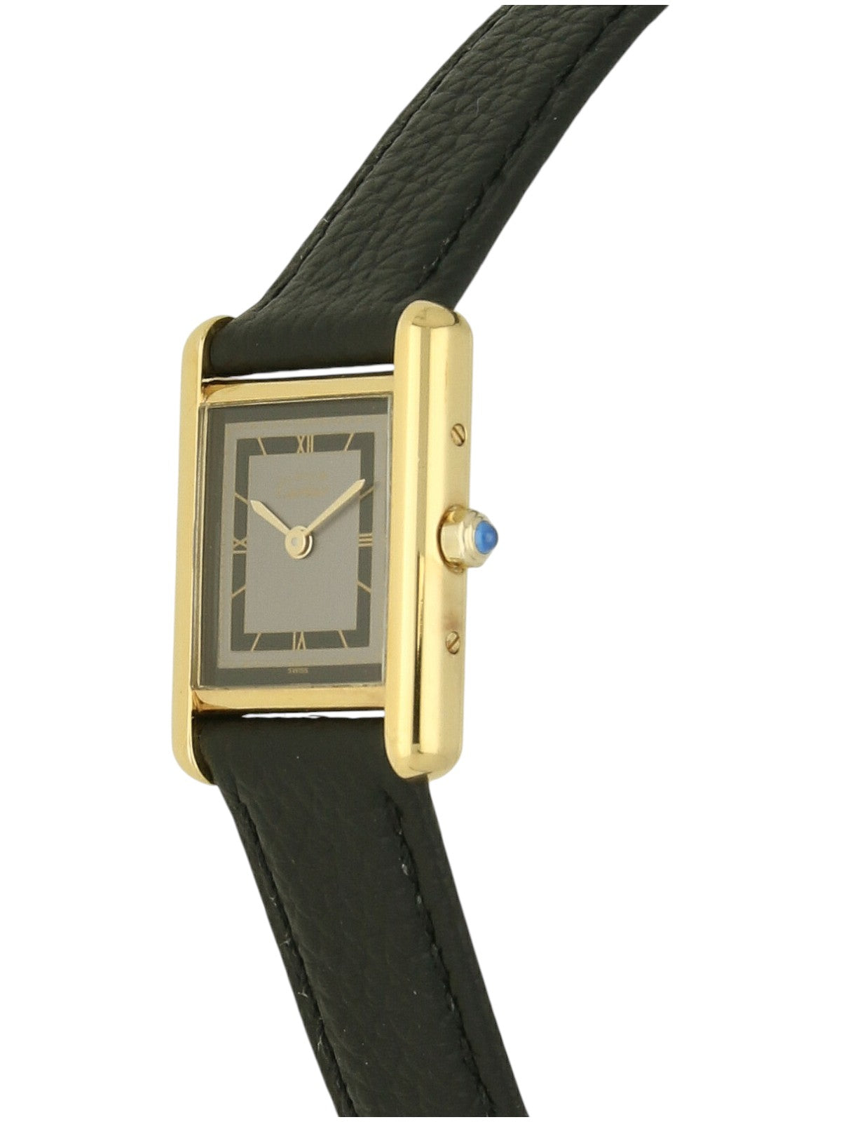 Yellow gold Cartier watch with a black leather strap and grey dial on a white background.