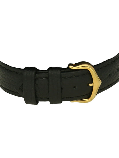 Black leather strap with yellow gold buckle on a white background.
