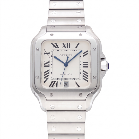 Pre-Owned Cartier Santos 39.8mm with Steel Bracelet & White Dial