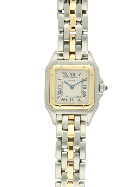 Cartier Panther watch with a steel and yellow gold bracelet and white dial, on a white background.