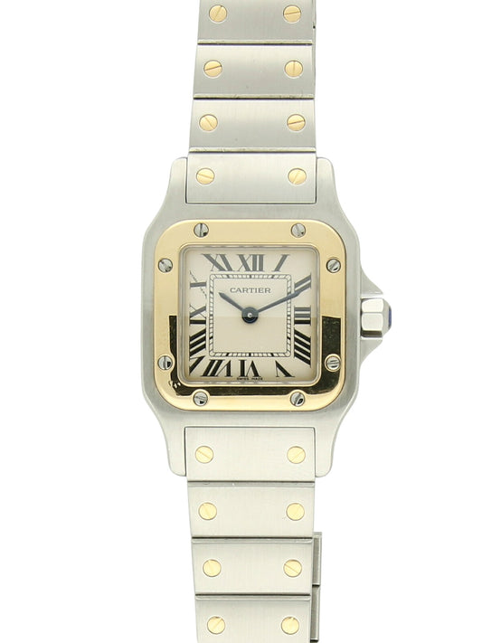 Steel and yellow gold Cartier watch with a bracelet and white dial, on a white background.