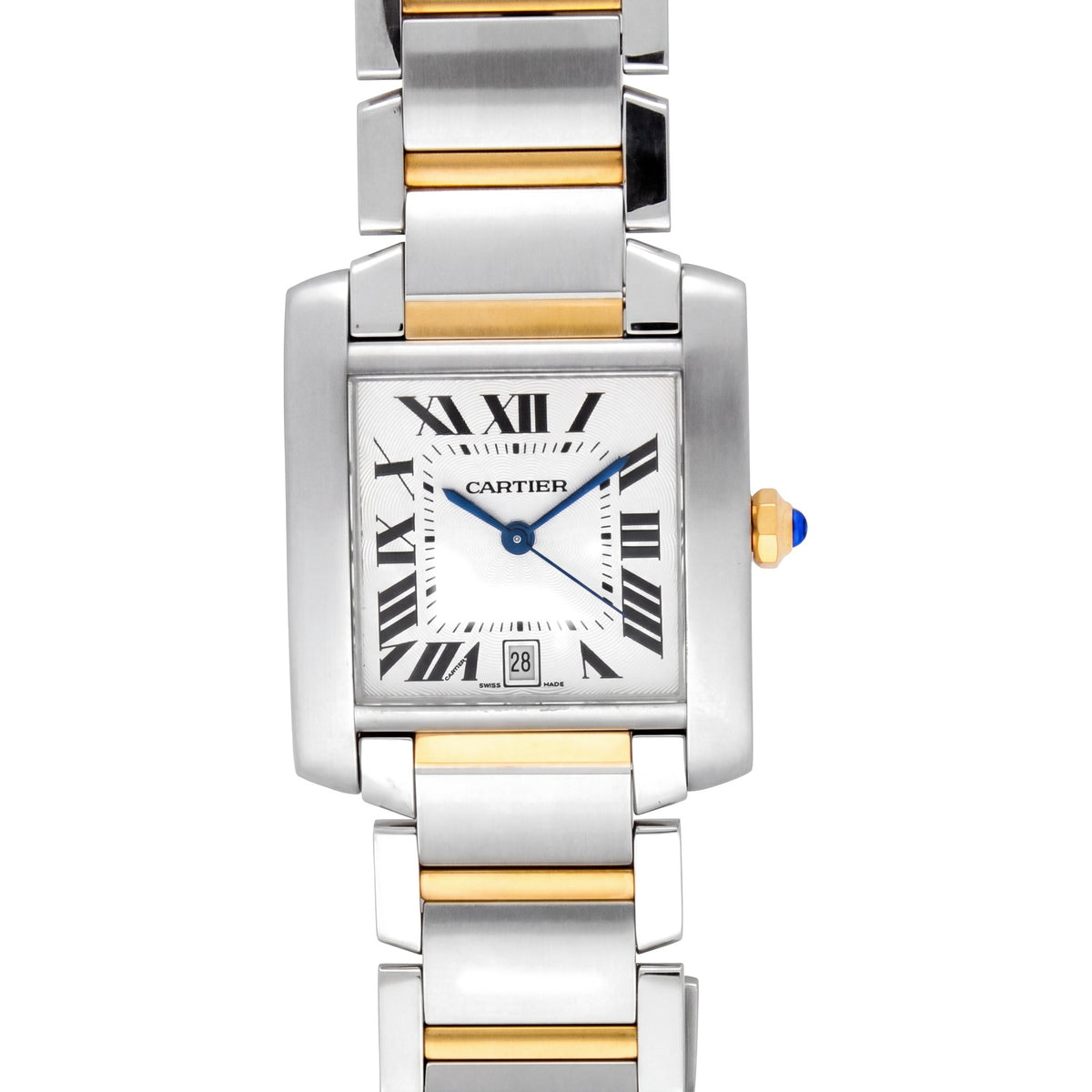 Cartier Tank Française with 28 x 32mm case, steel & 18ct yellow gold bracelet and white dial on a white background.