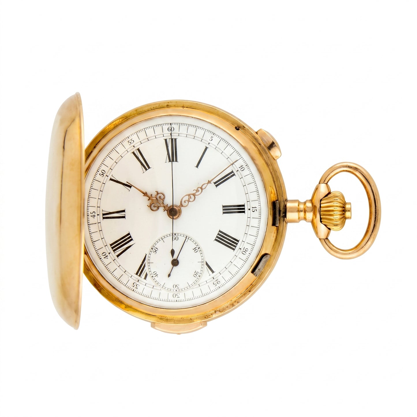 18K gold full hunter repeater pocket watch with white dial & chronograph functionality on a white background.