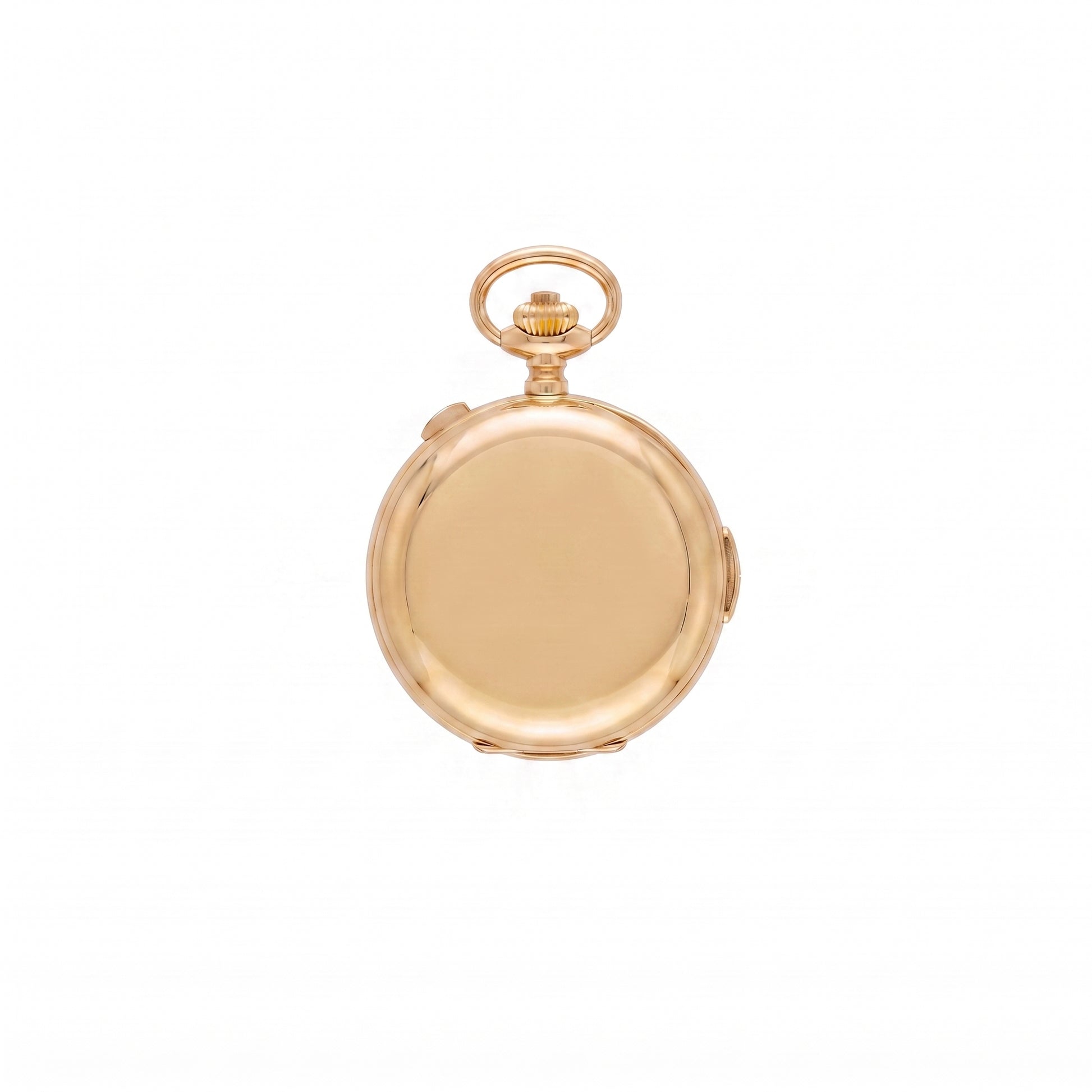 A round gold pocket watch case set against a plain white background.