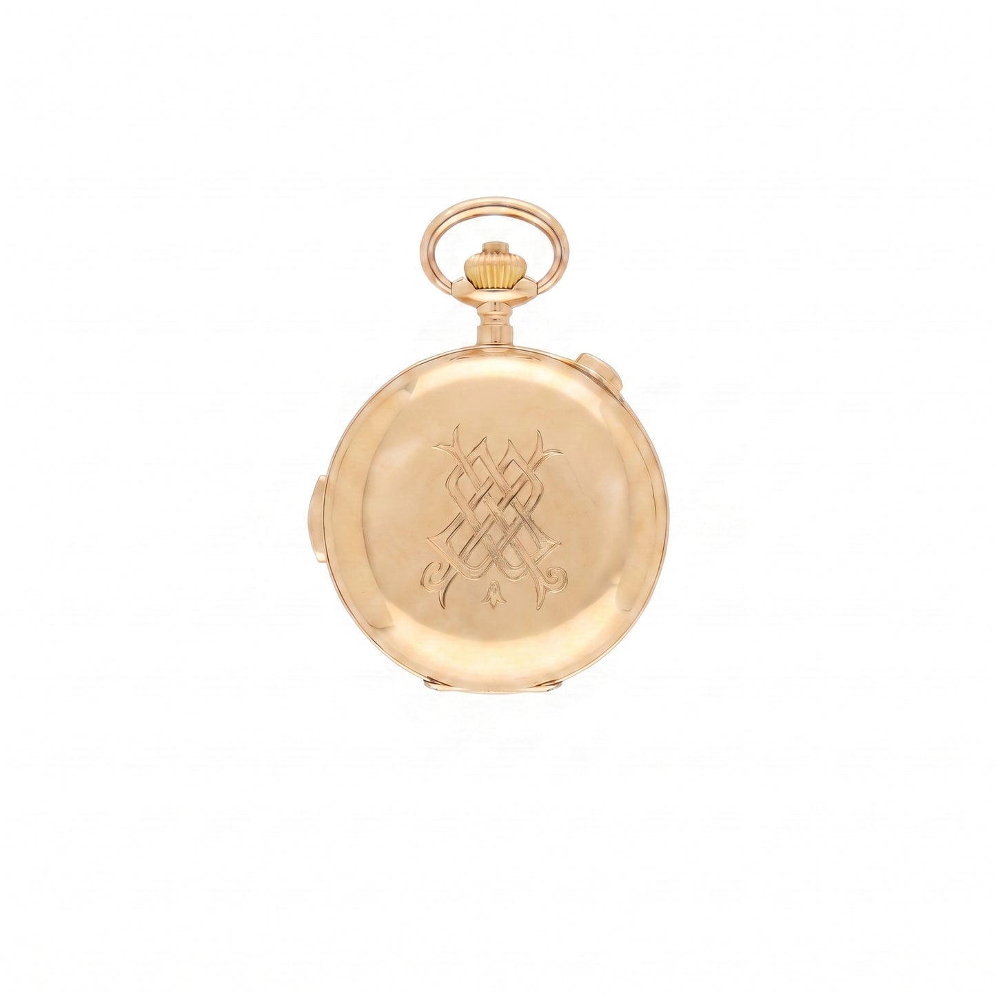 A round gold pocket watch case with an engraved monogram design on the front, featuring a top loop and side buttons, set against a plain white background.