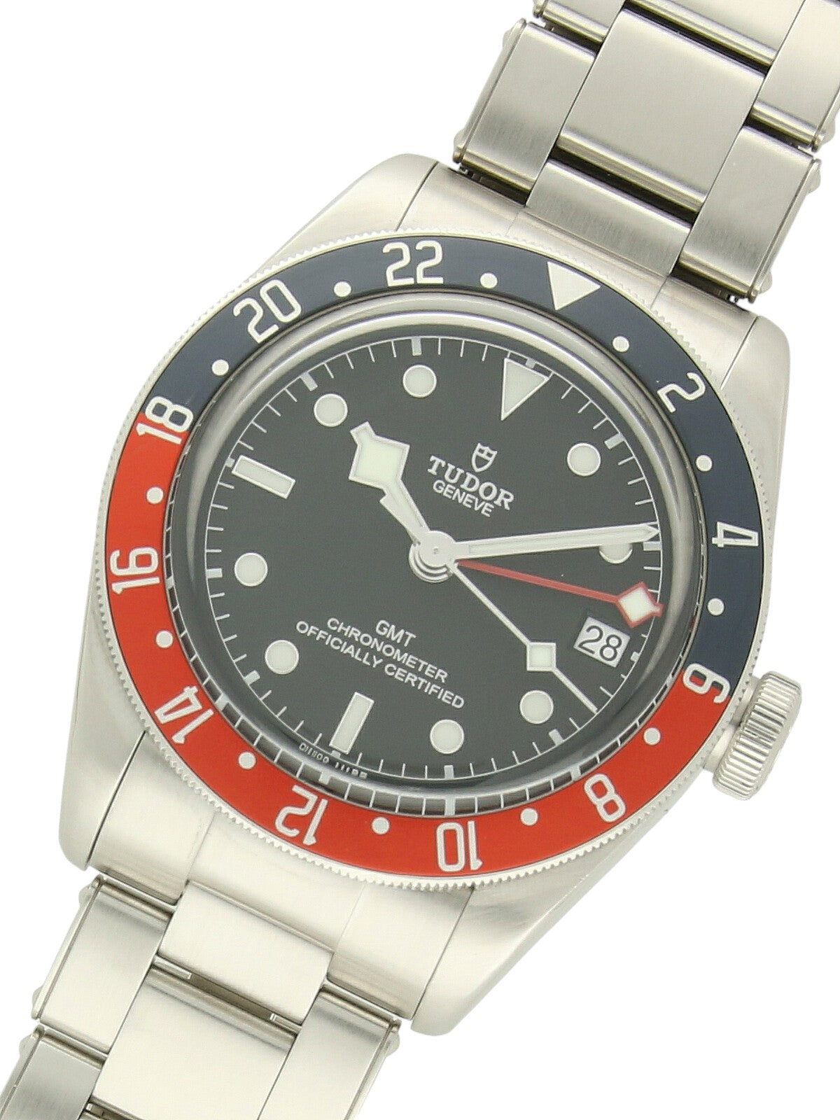TUDOR Black Bay GMT watch with steel bracelet and red and blue bezel on a white background.