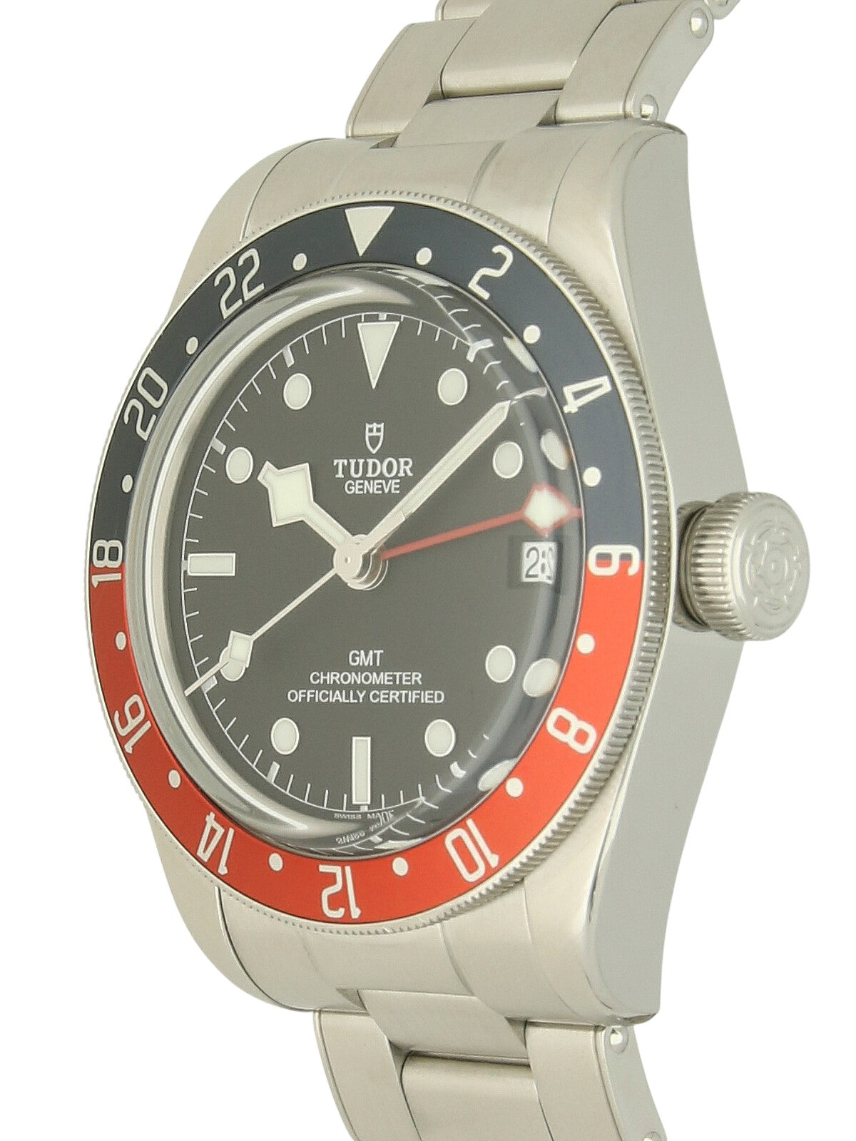 TUDOR Black Bay GMT watch with steel bracelet and red and blue bezel on a white background.