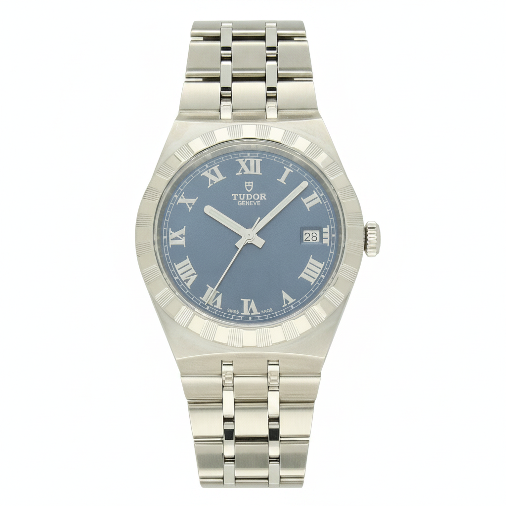 TUDOR Royal with steel bracelet and blue dial on a white background.