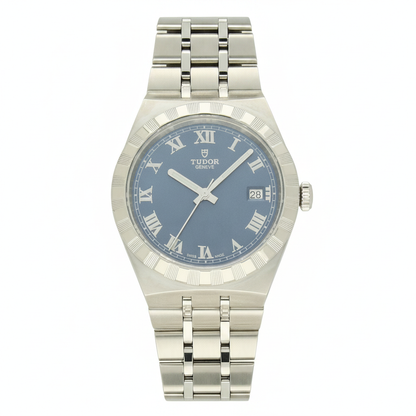 TUDOR Royal with steel bracelet and blue dial on a white background.