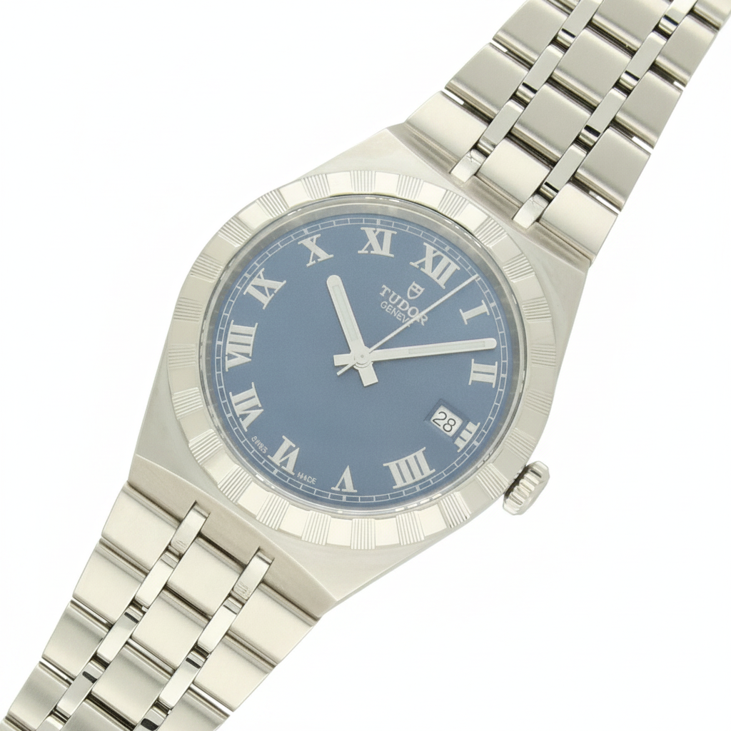 TUDOR Royal with steel bracelet and blue dial on a white background.
