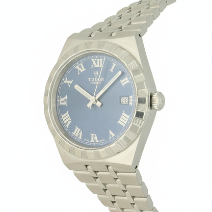 TUDOR Royal with steel bracelet and blue dial on a white background.