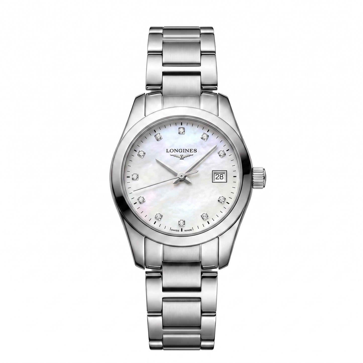 Pre-Owned Longines Conquest Classic 29.5mm with Steel Bracelet & White Mother of Pearl, Diamond-set Dial