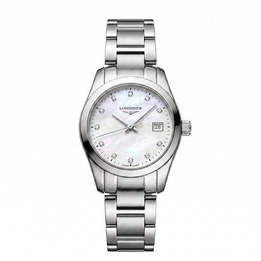 Pre-Owned Longines Conquest Classic 29.5mm with Steel Bracelet & White Mother of Pearl, Diamond-set Dial