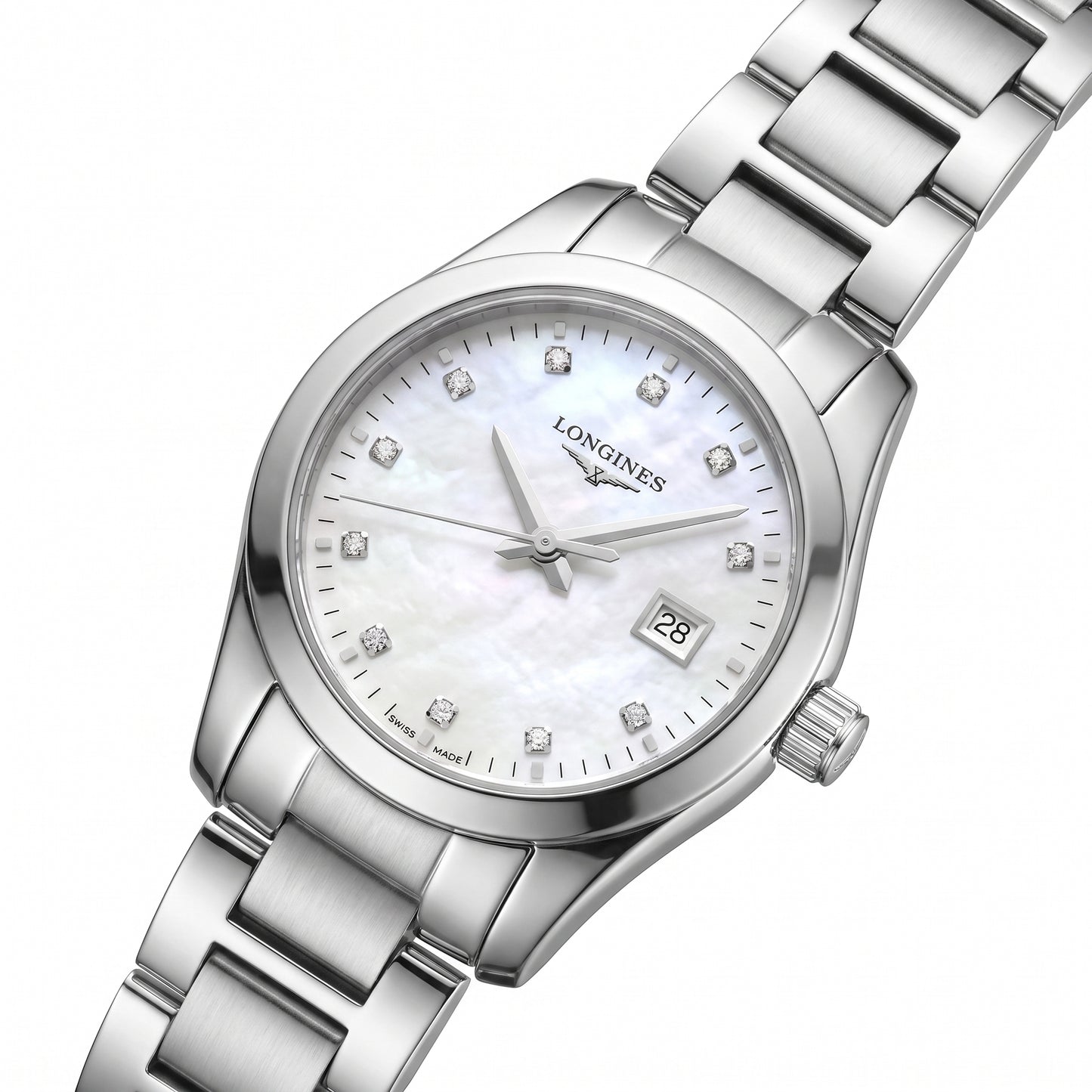 Pre-Owned Longines Conquest Classic 29.5mm with Steel Bracelet & White Mother of Pearl, Diamond-set Dial