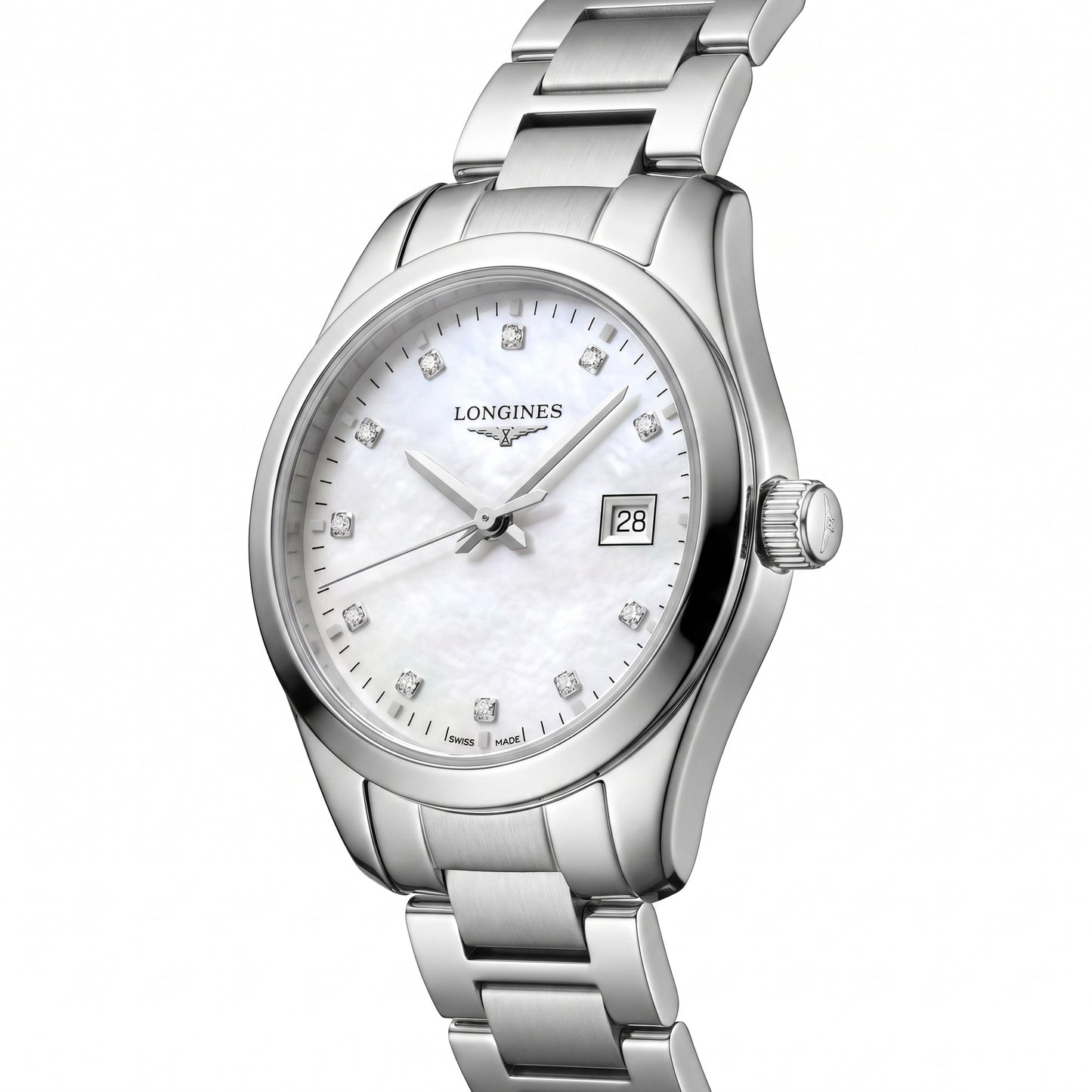 Pre-Owned Longines Conquest Classic 29.5mm with Steel Bracelet & White Mother of Pearl, Diamond-set Dial