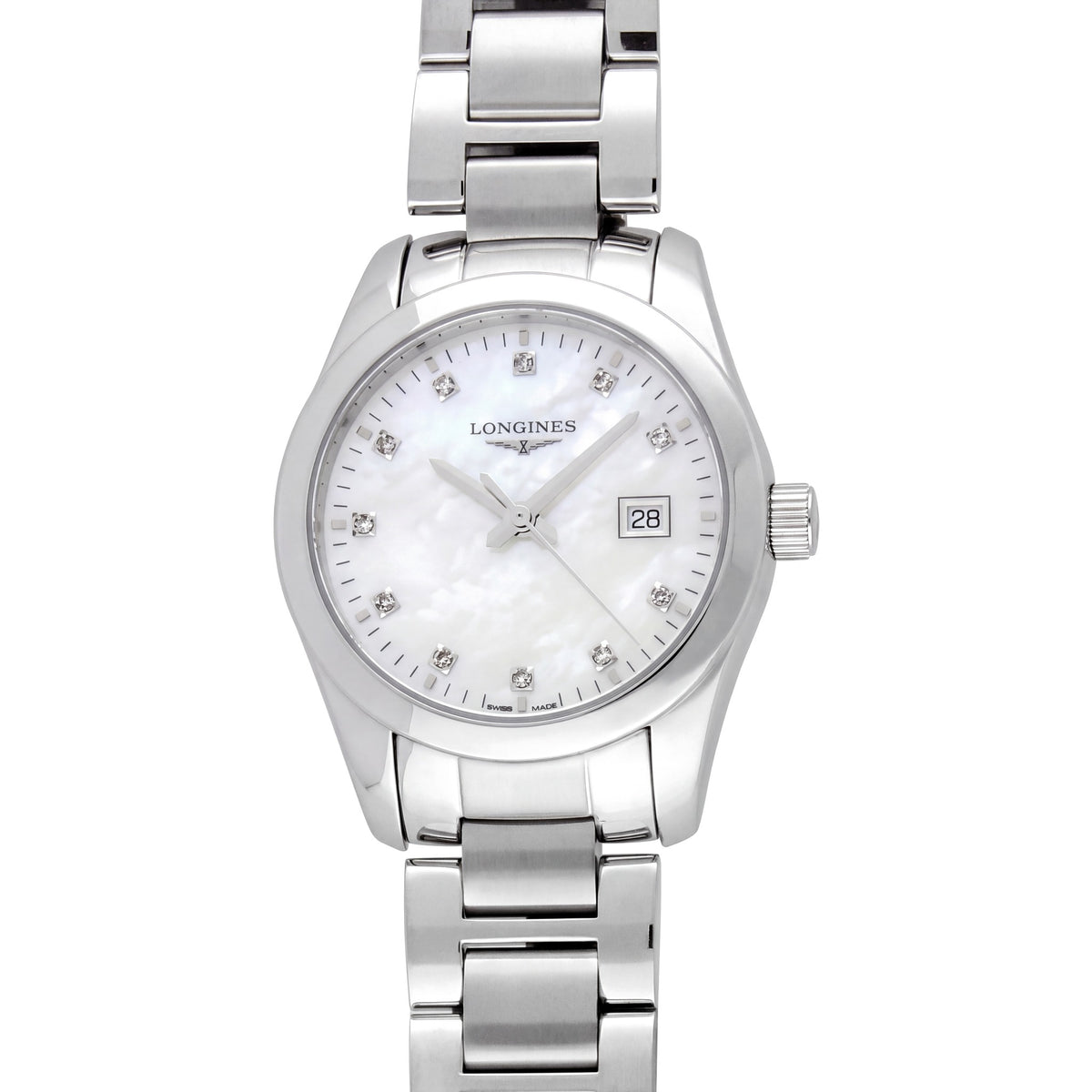 Pre-Owned Longines Conquest Classic 29.5mm with Steel Bracelet & White Mother of Pearl, Diamond-set Dial