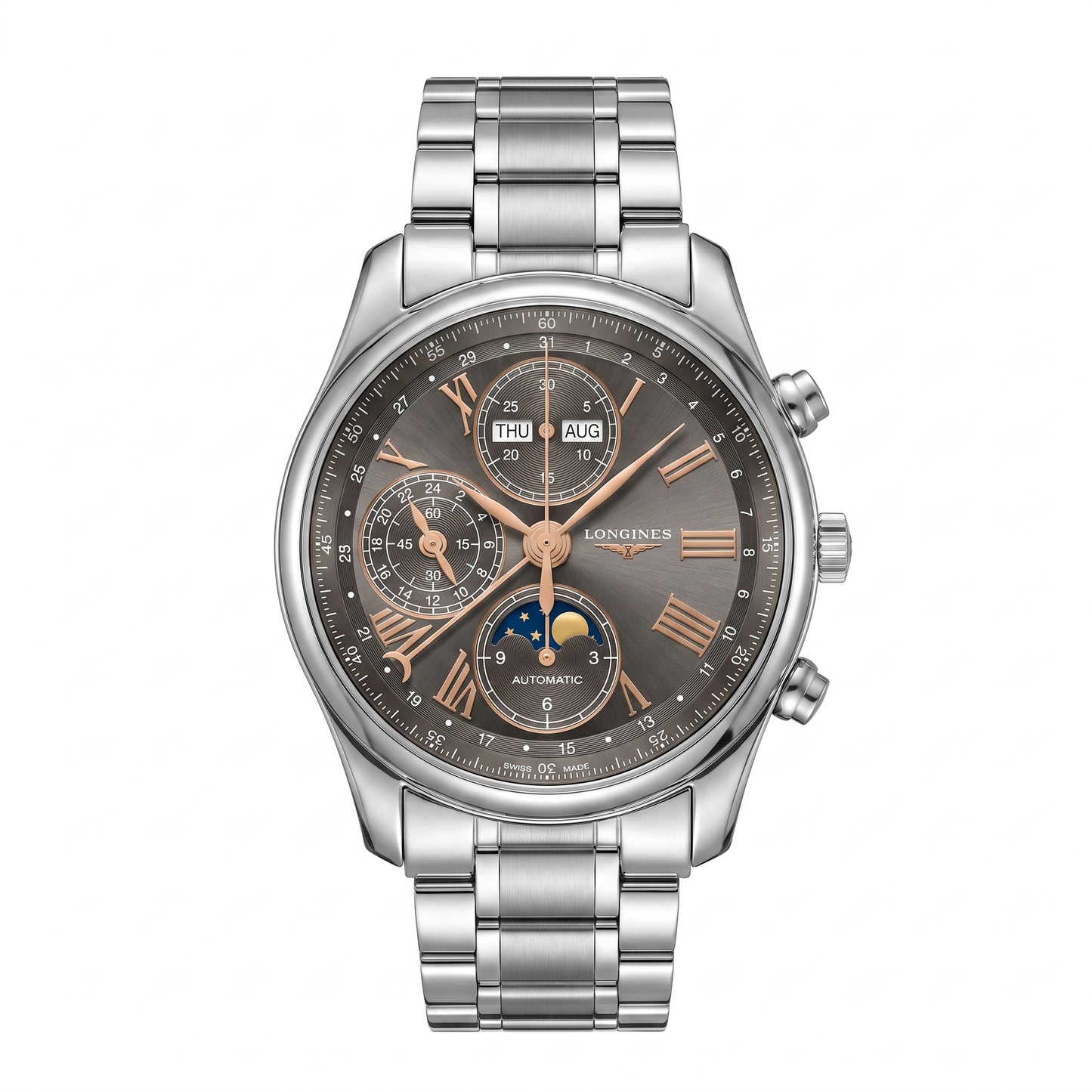 Longines Master Collection Moonphase with 40mm case, steel bracelet and grey dial on a white background.