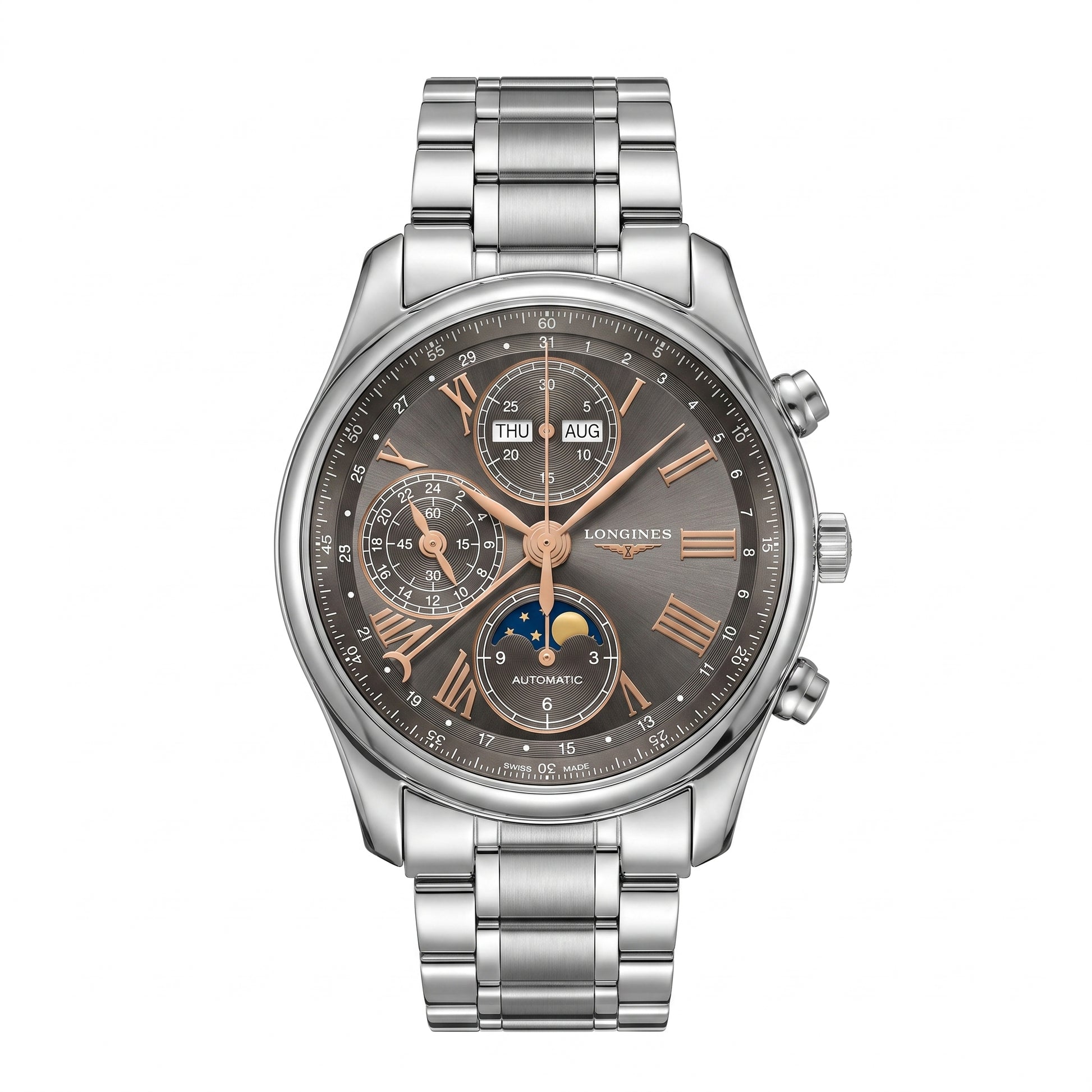 Longines Master Collection Moonphase with 40mm case, steel bracelet and grey dial on a white background.