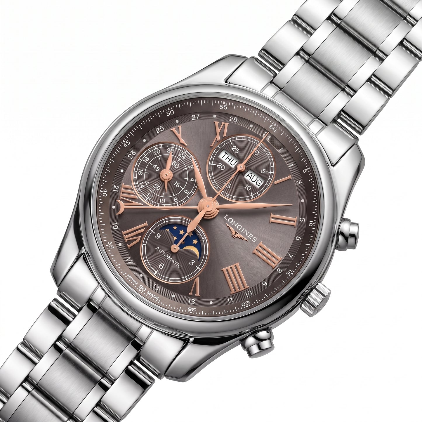 Longines Master Collection Moonphase with 40mm case, steel bracelet and grey dial on a white background.