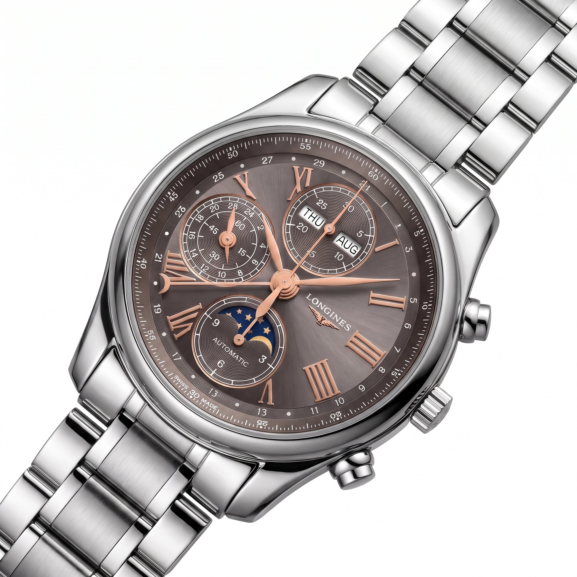 Longines Master Collection Moonphase with 40mm case, steel bracelet and grey dial on a white background.