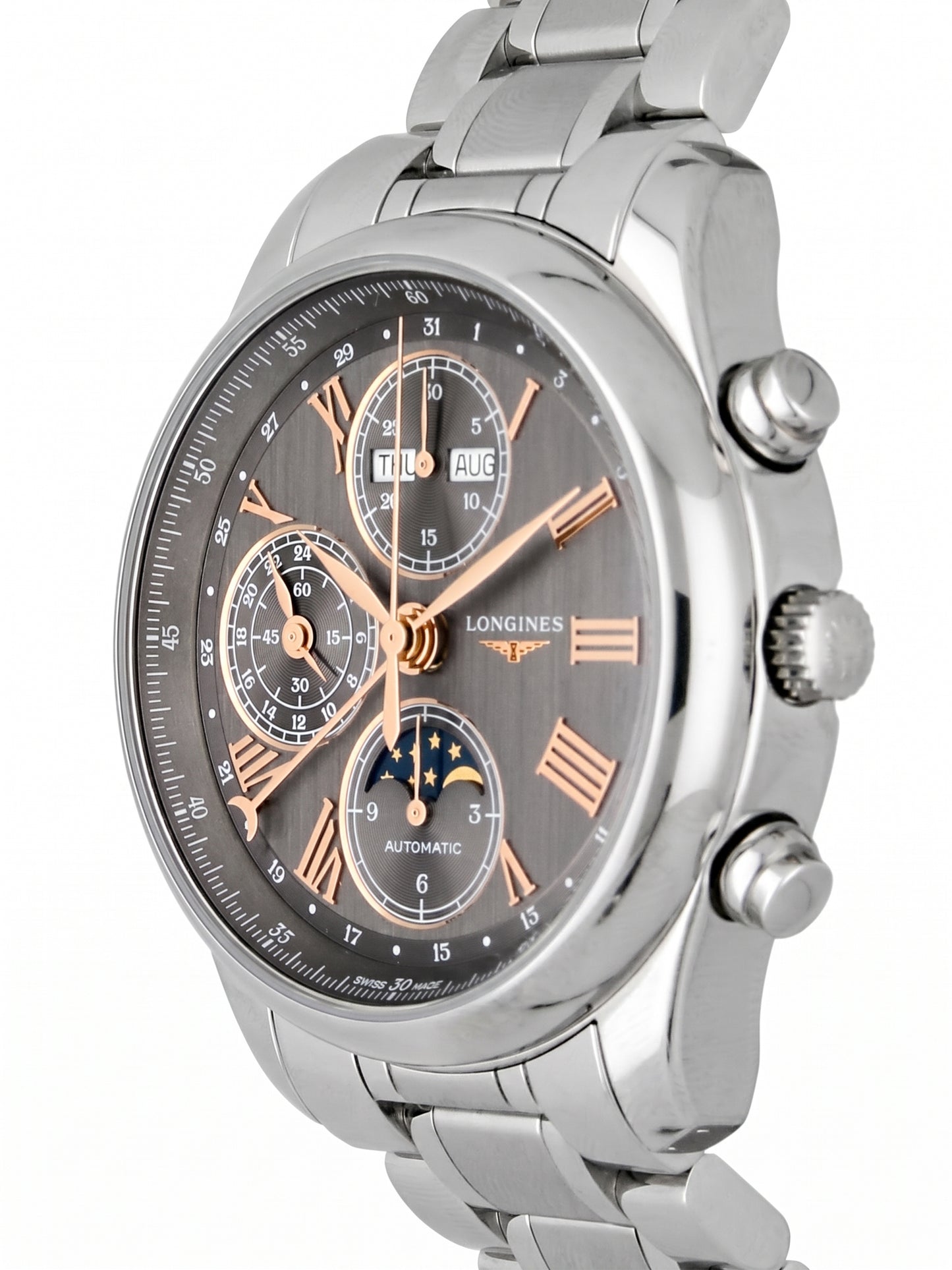 Longines Master Collection Moonphase with 40mm case, steel bracelet and grey dial on a white background.