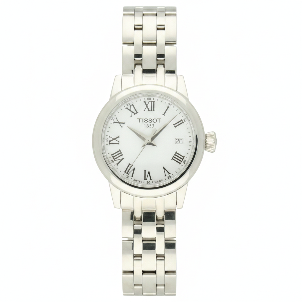 Tissot Classic Dream with steel bracelet and white dial on a white background.