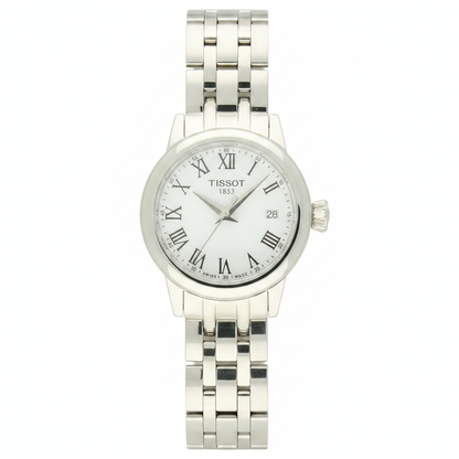 Tissot Classic Dream with steel bracelet and white dial on a white background.